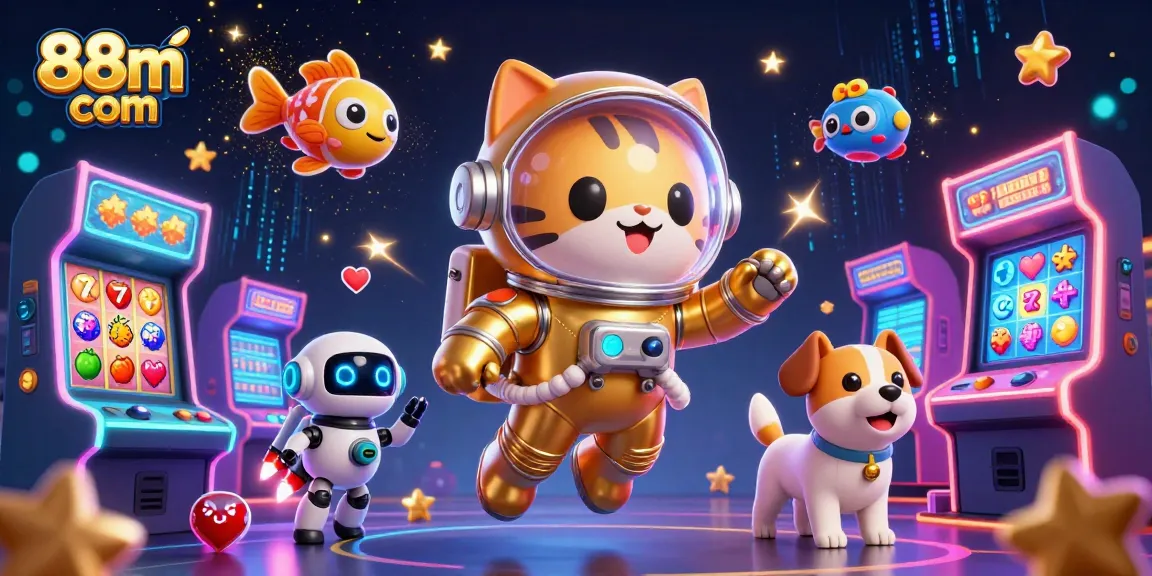 Engage in thrilling gaming action with 88m com, a vibrant 3D illustration of an astronaut cat and robot dog.