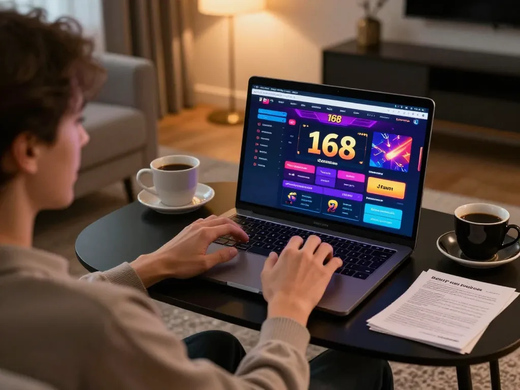 Engaging with bet168 casino platform in a well-decorated home environment, focusing on online gaming.