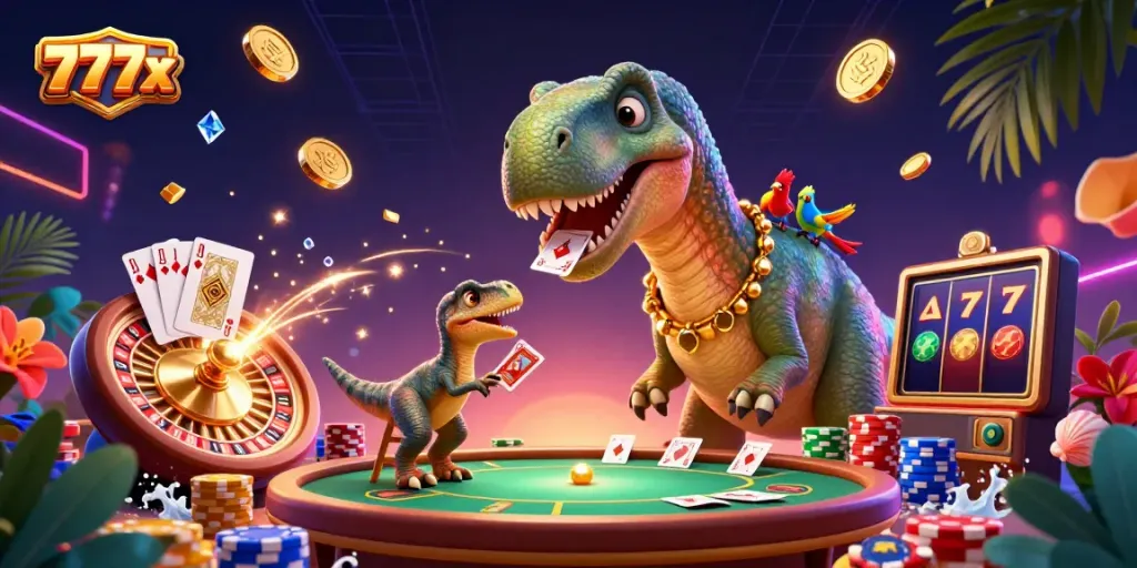 Experience the excitement of casino gaming with 777x, featuring a vibrant scene of playful dinosaur characters amidst festive casino elements.