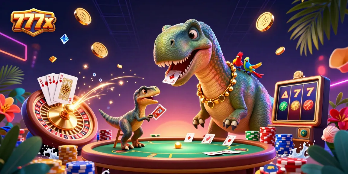Experience the excitement of casino gaming with 777x, featuring a vibrant scene of playful dinosaur characters amidst festive casino elements.