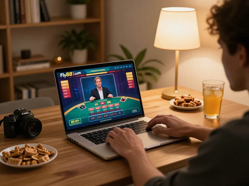 Person engaging in online games at Fly88 com with laptop and snacks in cozy home