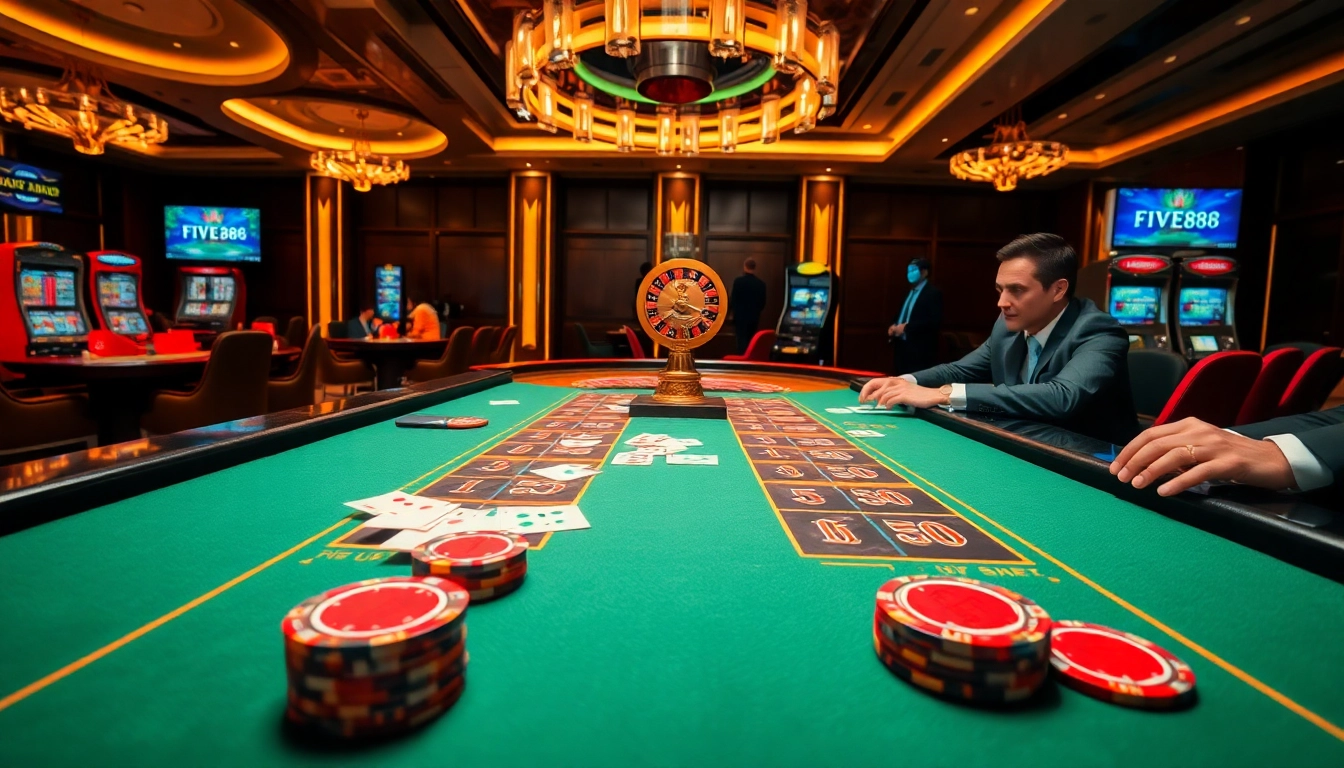 Experience the excitement of FIVE88 casino with players at a dynamic gambling table.
