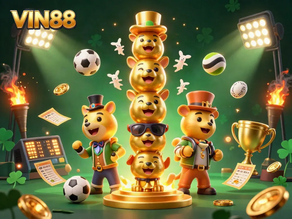 Bet on thrilling games at VIN88, where lively characters celebrate sports excitement amidst dynamic casino elements.