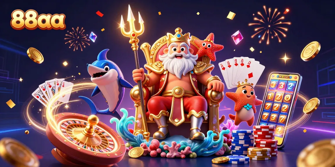 Win big at 88aa with a vibrant illustration featuring Neptune and dynamic casino elements.