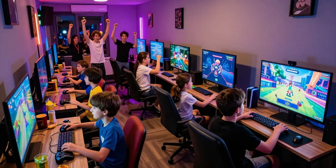 Exciting gaming party London with kids enjoying video games, colorful atmosphere, and celebration.
