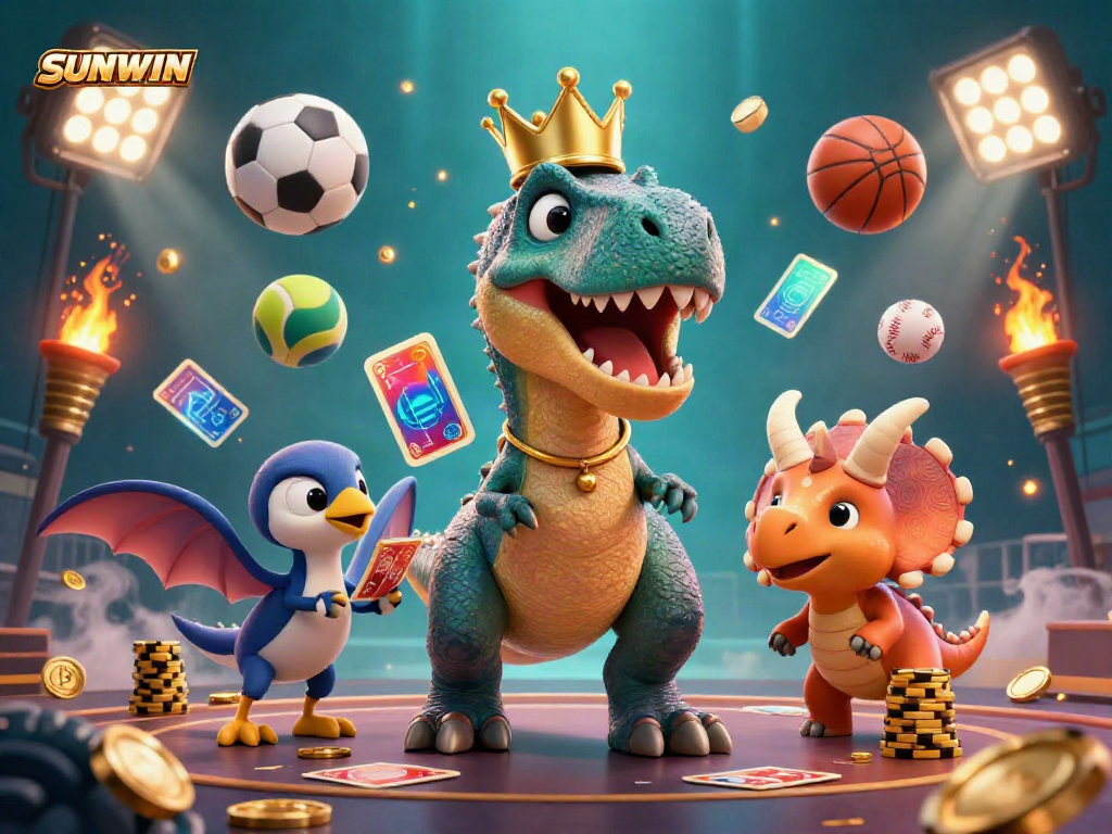 SUNWIN showcases a fun casino scene with a T-Rex shuffling cards and a pterodactyl assistant, surrounded by sports elements, under a vibrant underwater setting.