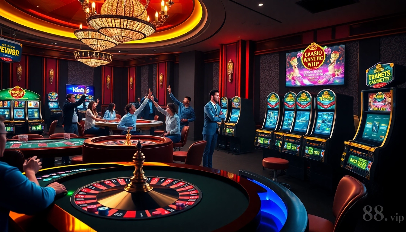 Experience thrilling gambling at https://vnew88.vip/ with an exciting casino scene featuring poker tables, roulette wheels, and vibrant slot machines.