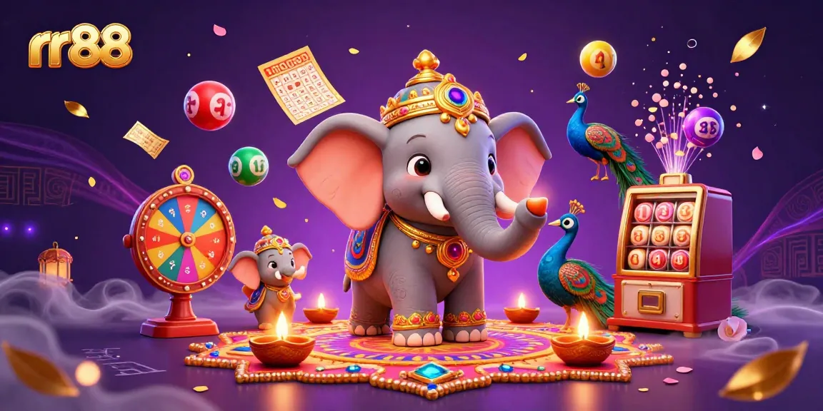 Engage with rr88's vibrant online casino world through this detailed 3D illustration featuring dynamic lottery elements and festive characters.