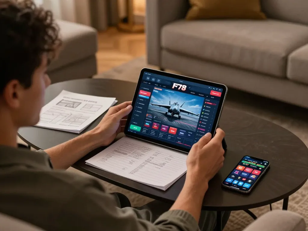 Play and strategize at F168 online casino from a cozy home setting with tablets and notes.