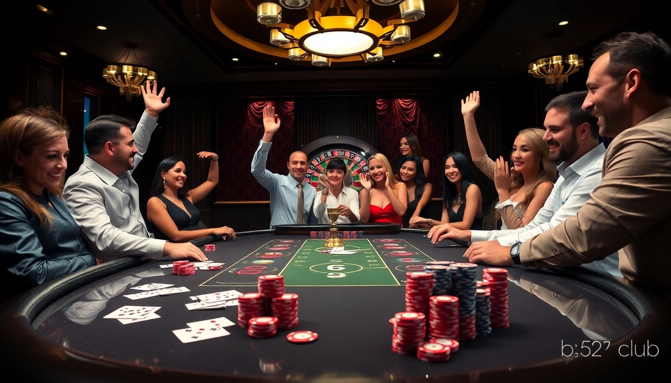 Players enjoy a thrilling poker game at b52club, showcasing vibrant chips and cards in a luxurious setting.
