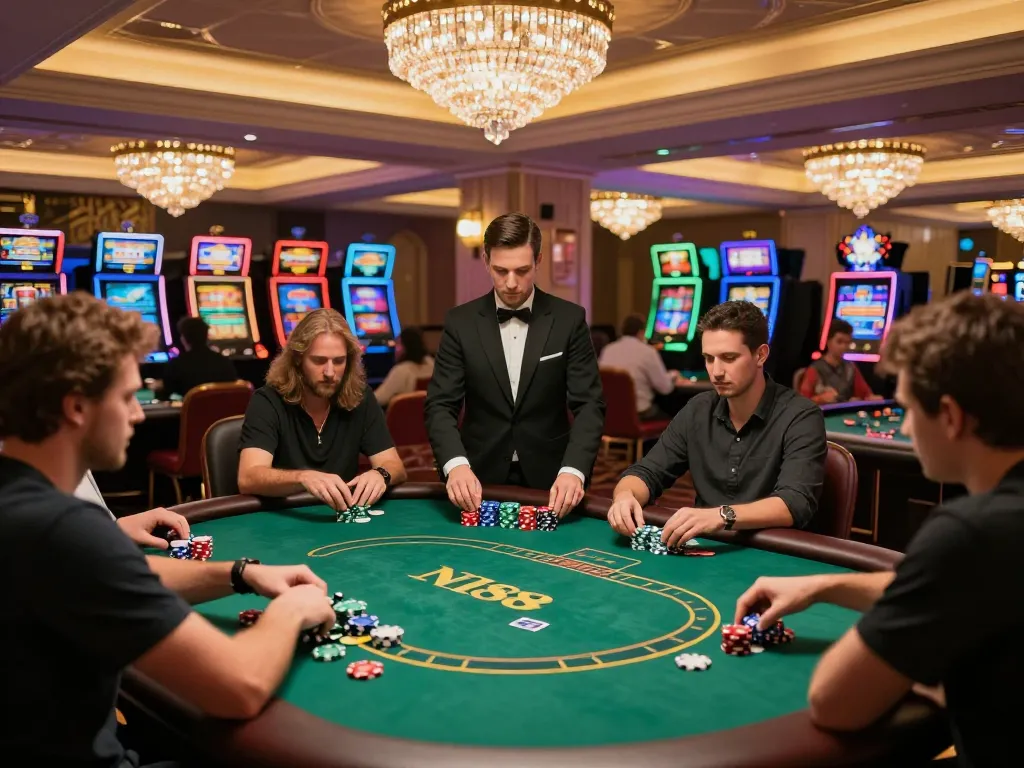 Dynamic poker scene showcasing intense gameplay at N188 casino with players and colorful chips.