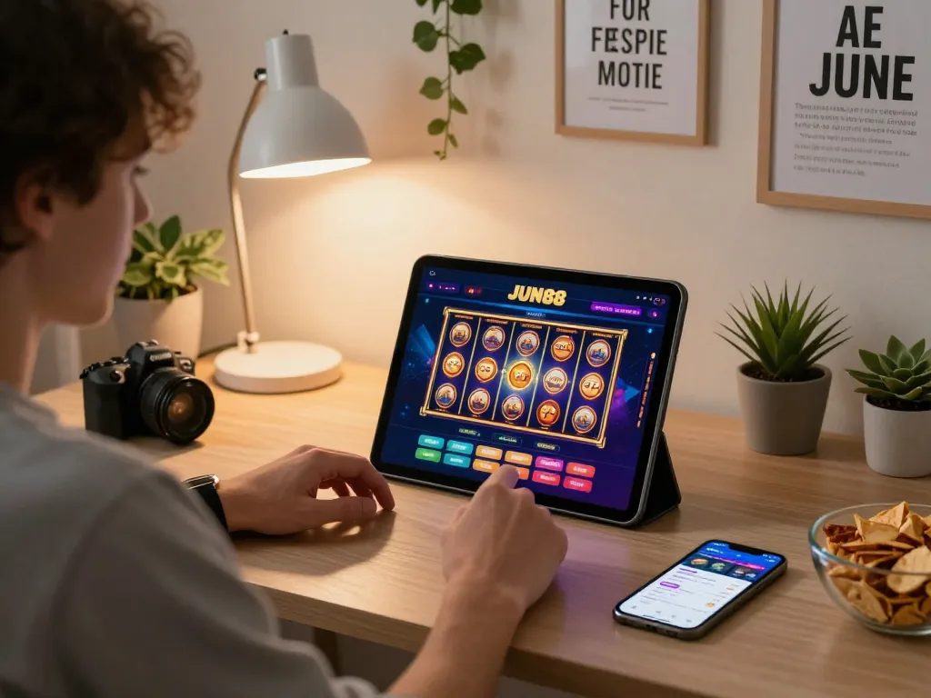 Enjoying JUN88 casino games on a tablet in a cozy home gaming setup.