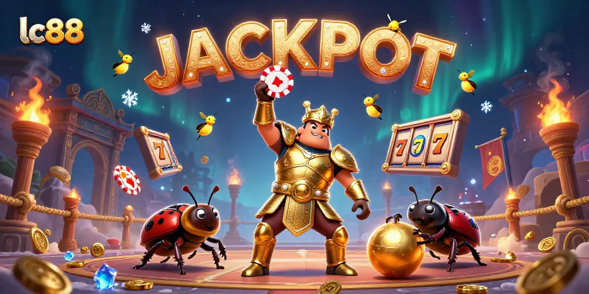 Winning with lc88 in a vivid 3D casino scene featuring a victorious gladiator beetle and jackpot elements.