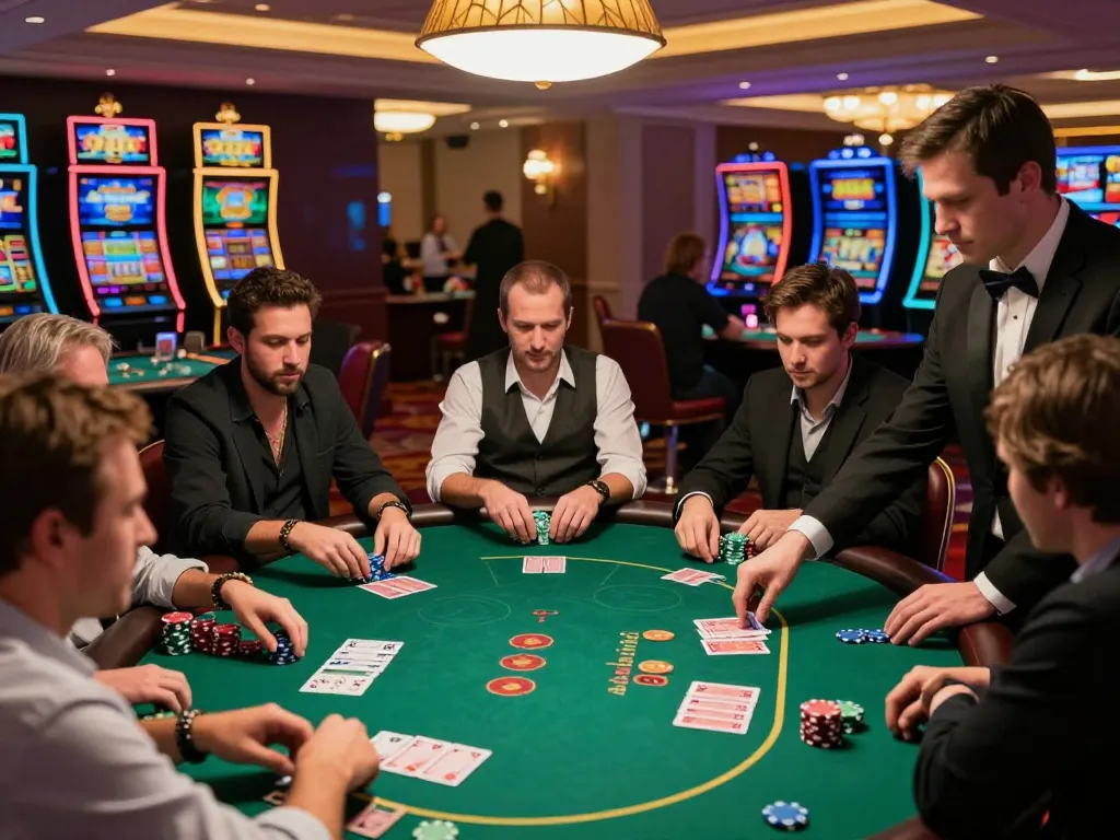 RR88 poker players strategizing bets around a vibrant casino table, embodying excitement and high-stakes action.