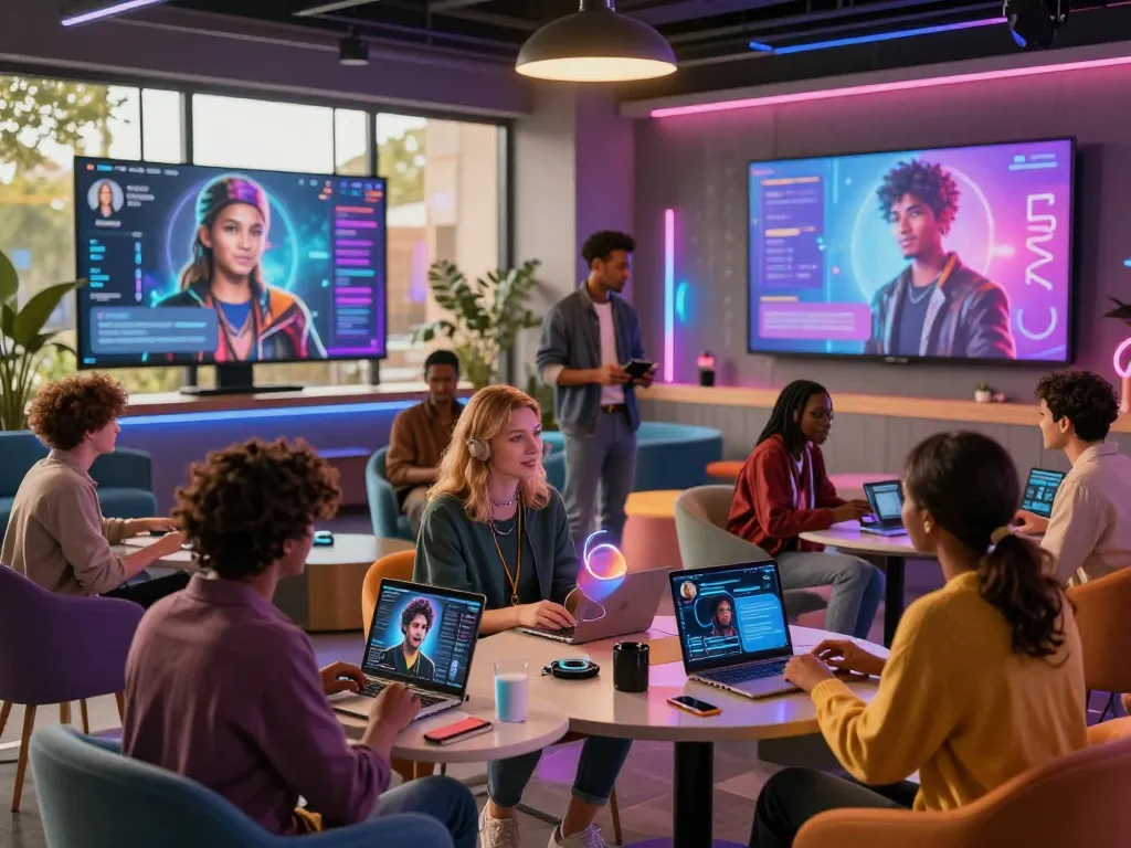 Interactive scene featuring users enjoying character ai nsfw roleplay with immersive AI companions in a modern lounge setting.