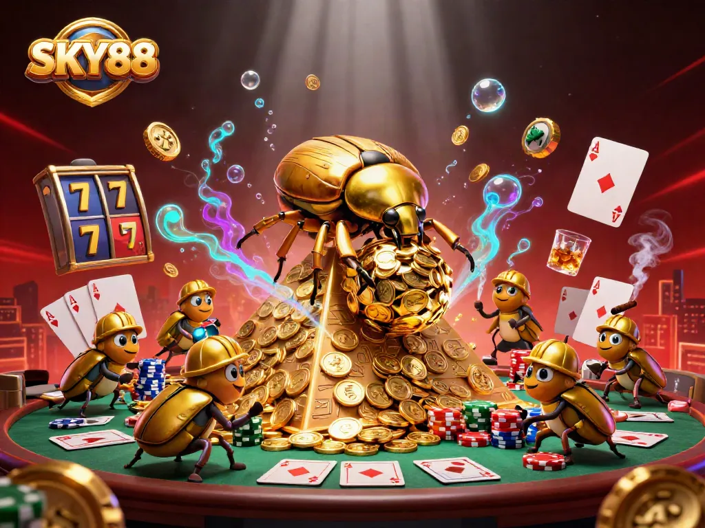 Engage with SKY88's exciting gambling experience featuring gold coins and vibrant casino elements.