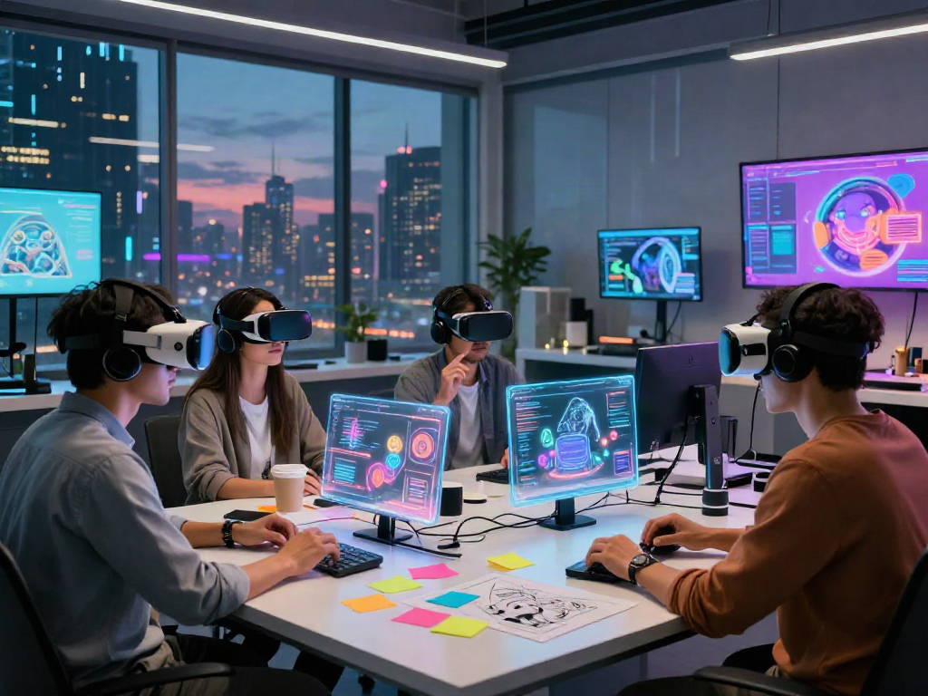 AI NSFW scene showing diverse creators collaborating in a modern virtual workspace.