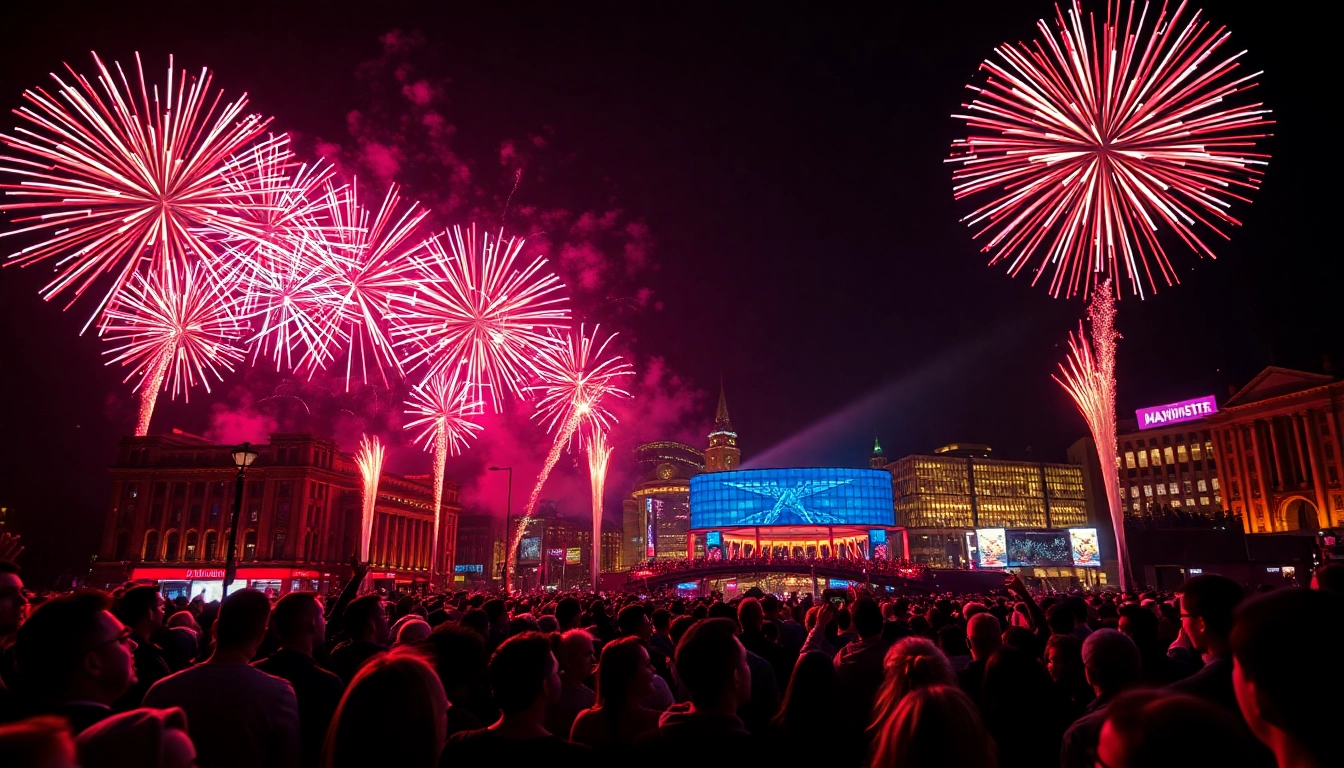 Experience the dazzling Manchester fireworks lighting up the night sky over a vibrant cityscape.