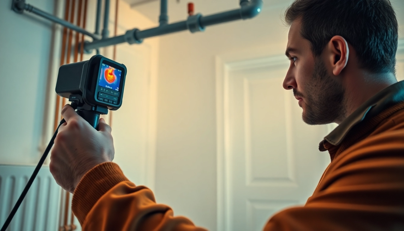 Central heating leak detection with a technician using thermal imaging equipment in a residential setting.