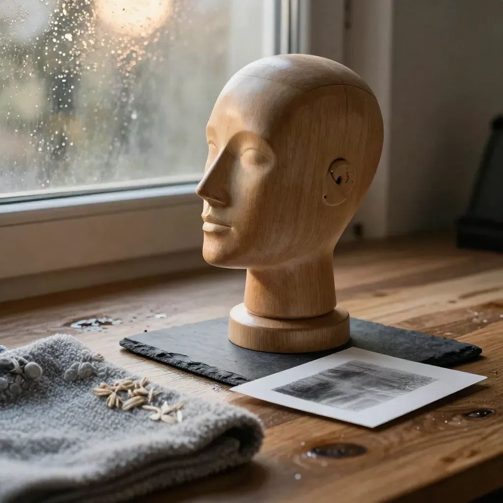 Wooden profile head, slate study card, and folded wool cloth beside rain-lit glass.