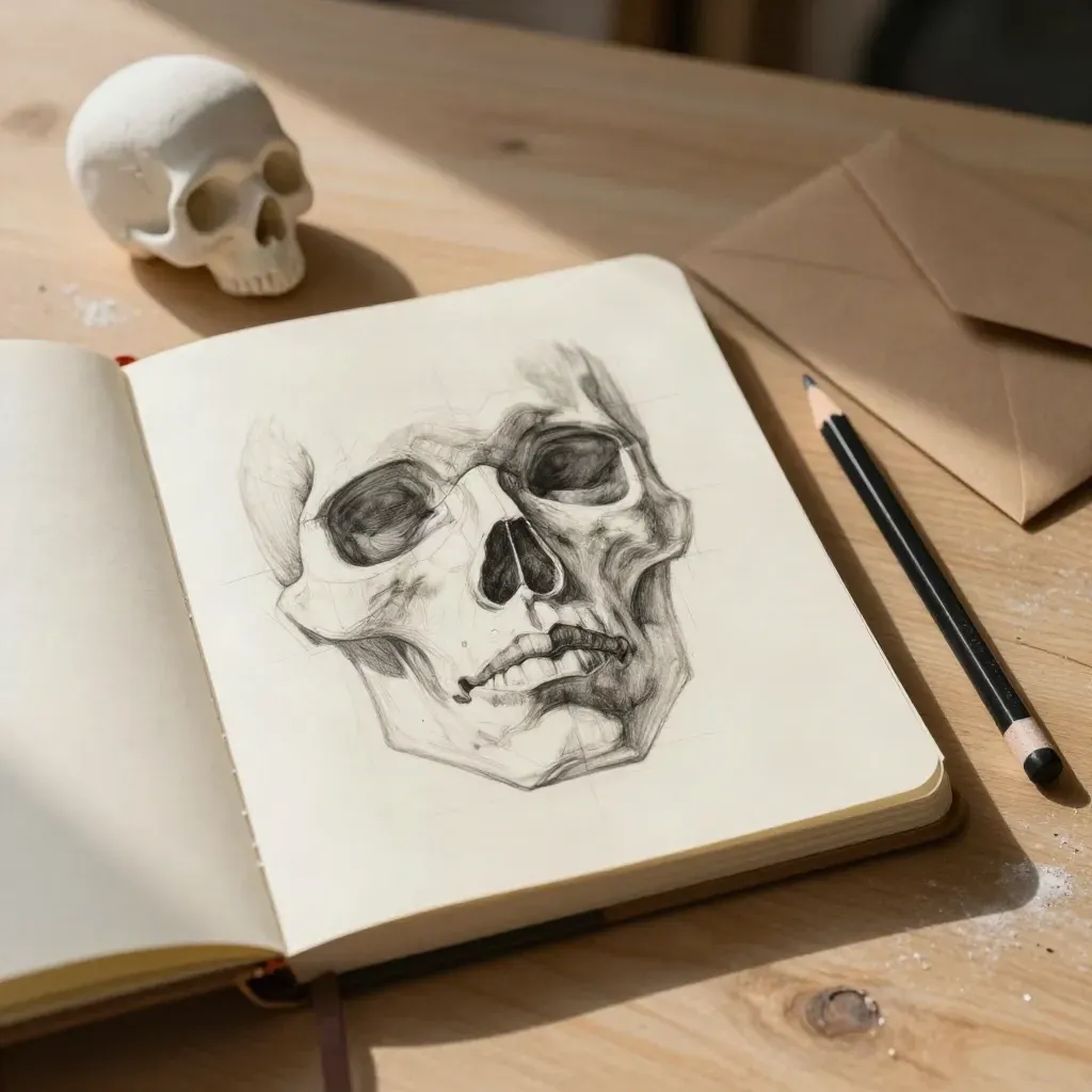Open sketchbook with a face-structure study, charcoal pencils, plaster skull fragment, and kraft envelope.