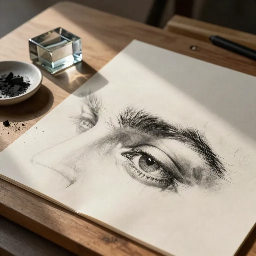 Brow study sheet under paperweight with charcoal sticks on a walnut board