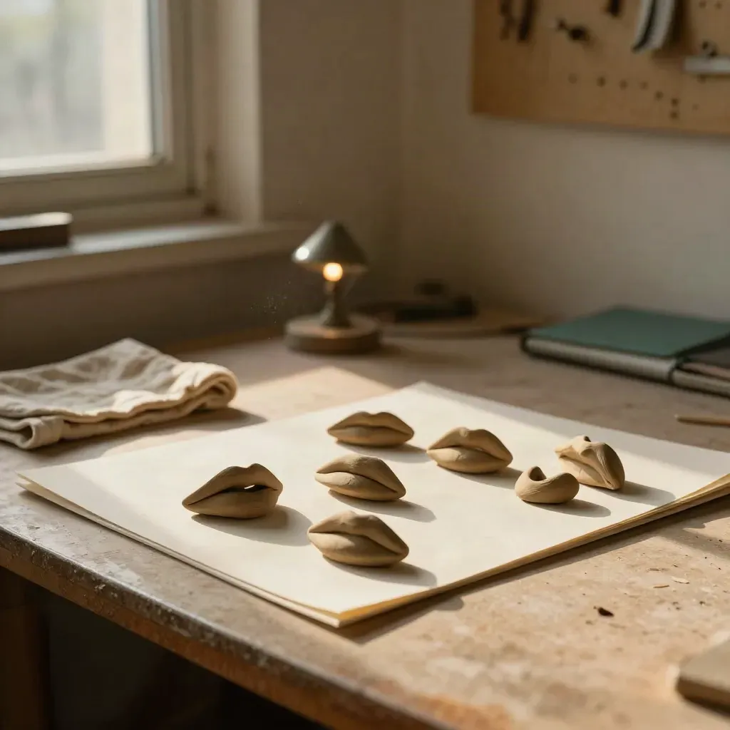 Clay mouth models beside a folded cloth and study sheet in a warm studio corner.