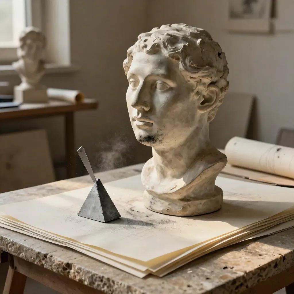 Clay bust, tracing paper layers and graphite wedge in a bright art studio study.