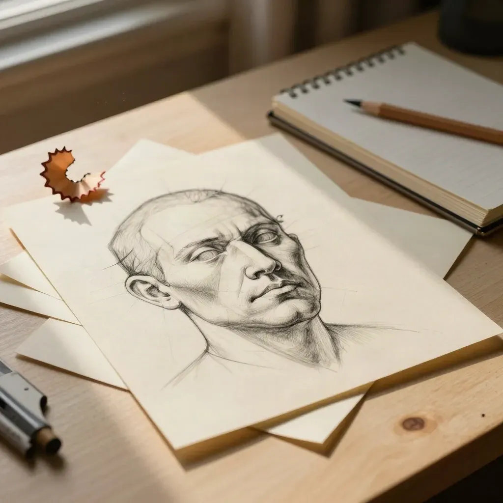 Overhead view of face-study warmup sheets, sketchbook, and curled pencil shavings on a pale desk.