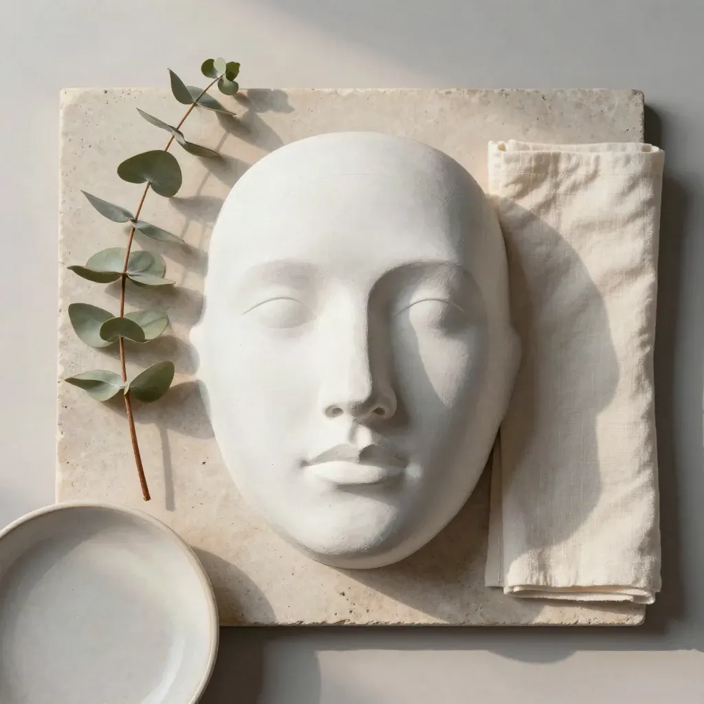 Overhead flatlay of a plaster face blank with linen, eucalyptus, and a ceramic dish