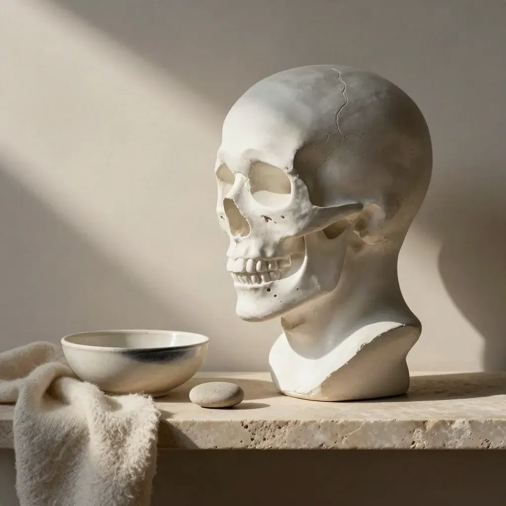 Plaster bust with pebble, wool and ceramic bowl on a stone shelf for portrait anatomy.