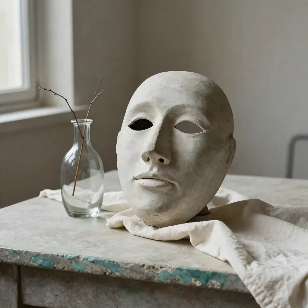 Clay smile-frown mask beside a bud vase and ivory cloth on a stone desk in soft light.