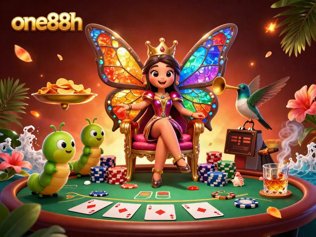 Experience one88h with a vibrant, colorful depiction of a casino scene featuring a butterfly queen and poker elements.
