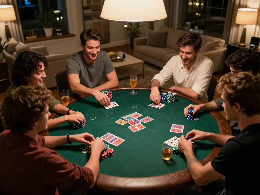 rokok88 players enjoy a friendly poker game with vibrant chips and drinks in an elegant home setting