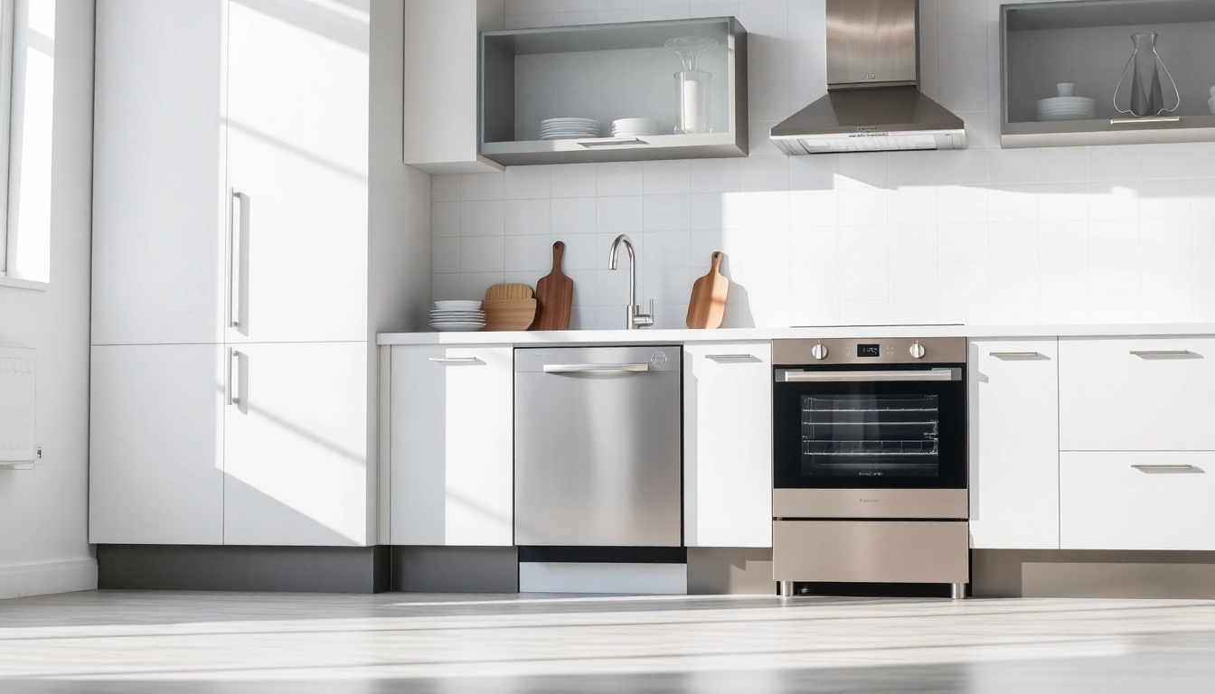 Discover stunning бяла техника in a well-lit kitchen, highlighting a modern dishwasher and oven.