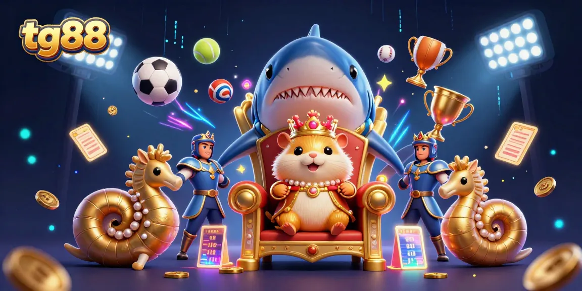 Engaging scene with tg88's golden hamster king and dynamic gaming elements promoting a winning atmosphere.