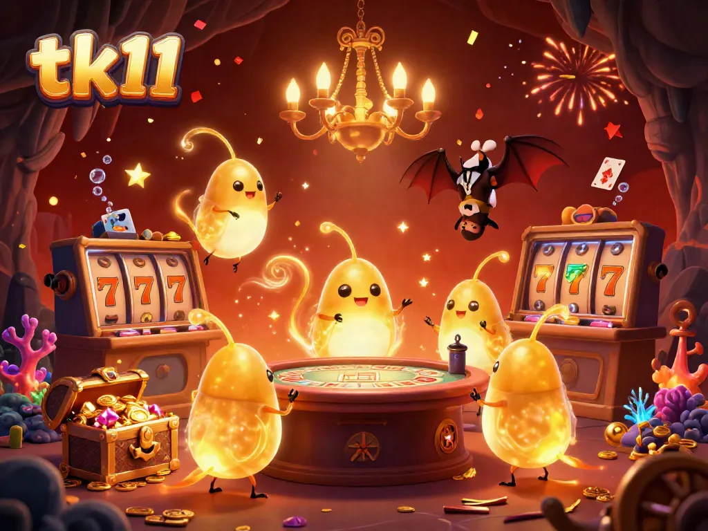 Experience excitement in tk11's vibrant cave casino, with animated glowworms and dynamic slot elements.
