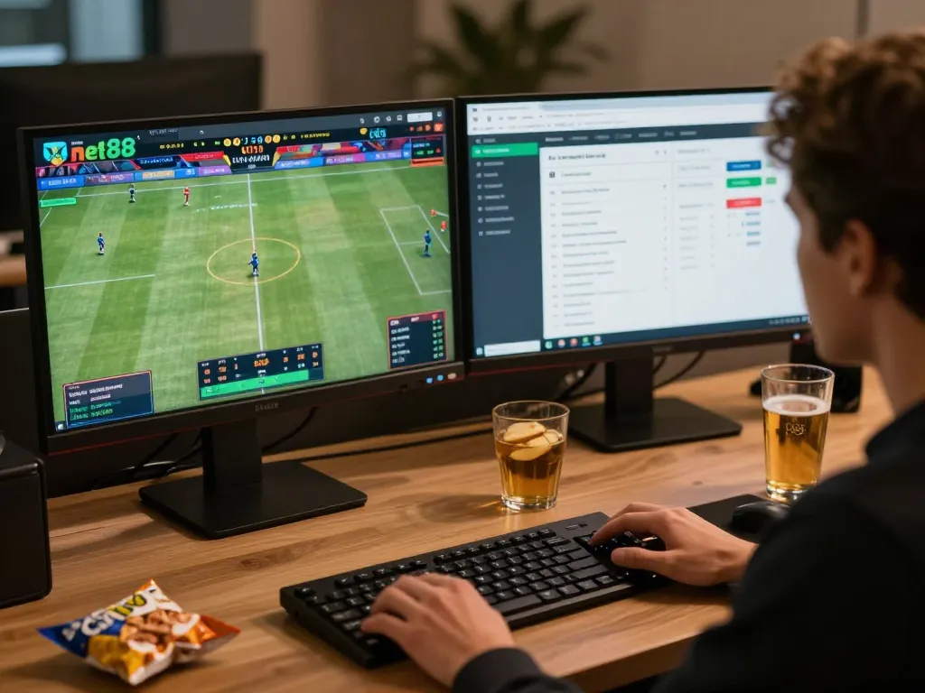 Placing bets on net88 during live sports event with dual monitor setup, highlighting strategic gameplay
