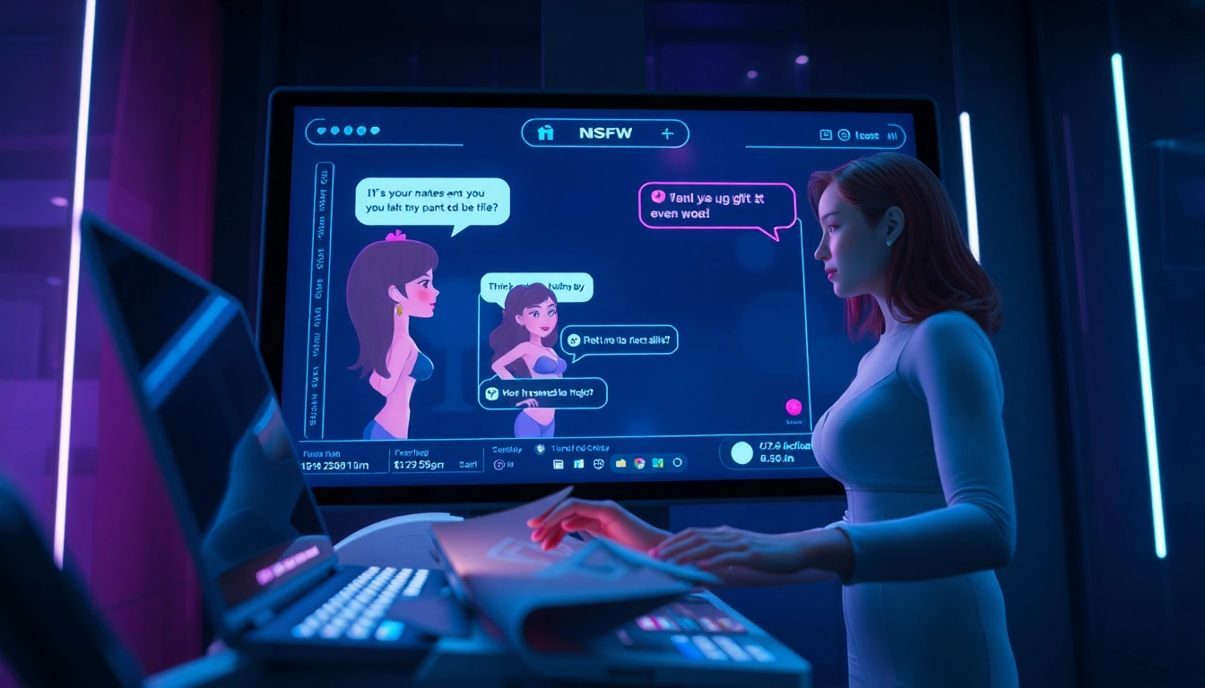 An engaging NSFW character AI interaction in a futuristic virtual chat environment.