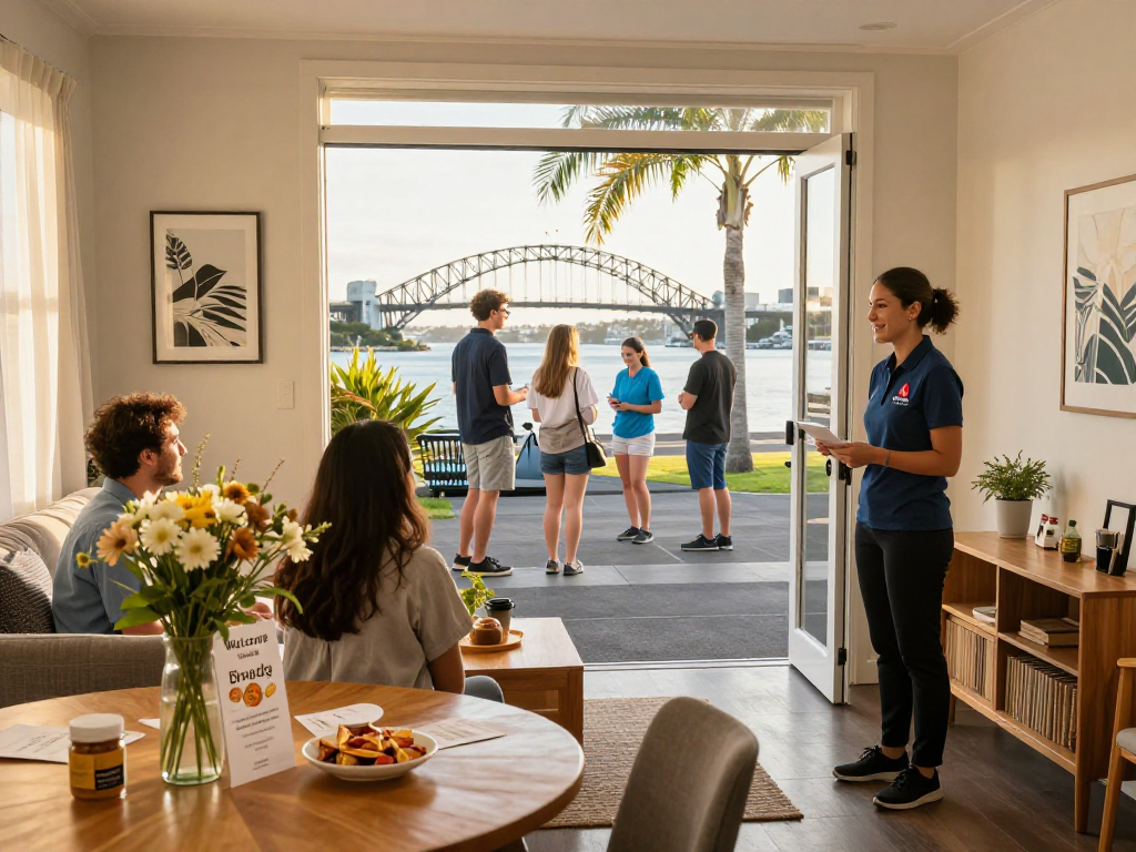 airbnb management auckland showcasing guests welcomed by a friendly manager in a vibrant Auckland property.