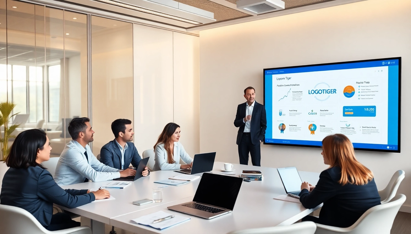 Logo Tiger lisans yenileme discussion in a modern office setting with professionals collaborating.