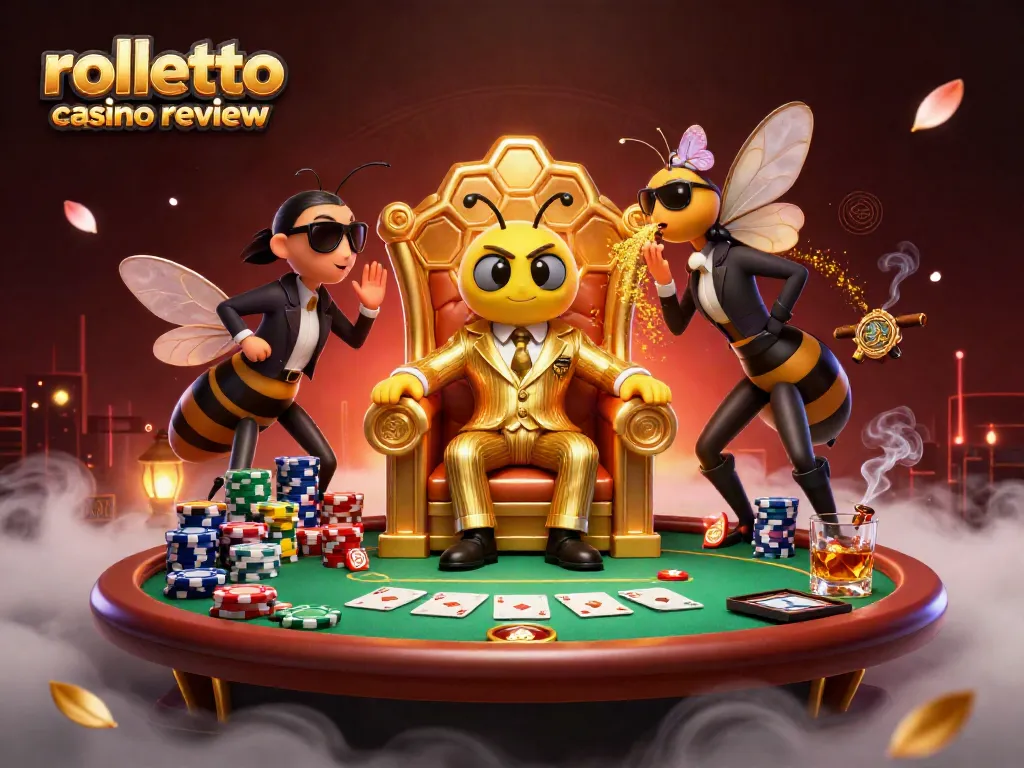 Engage in a rolletto casino review featuring a vibrant 3D scene with a bumblebee mob boss and poker elements.