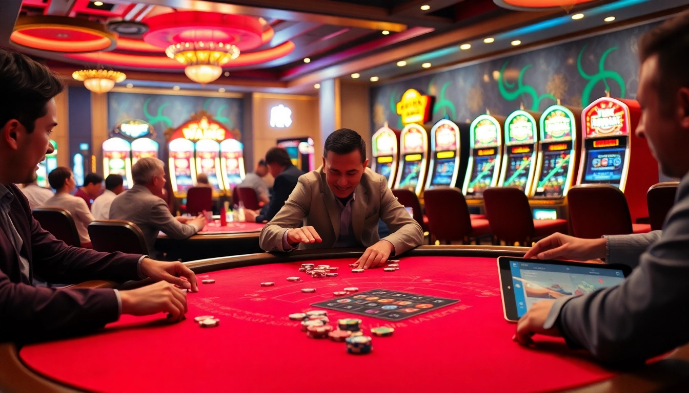 Players at a high-stakes poker table enjoying a thrilling game with the interface of https://thabetvip.biz/ displayed on their devices.