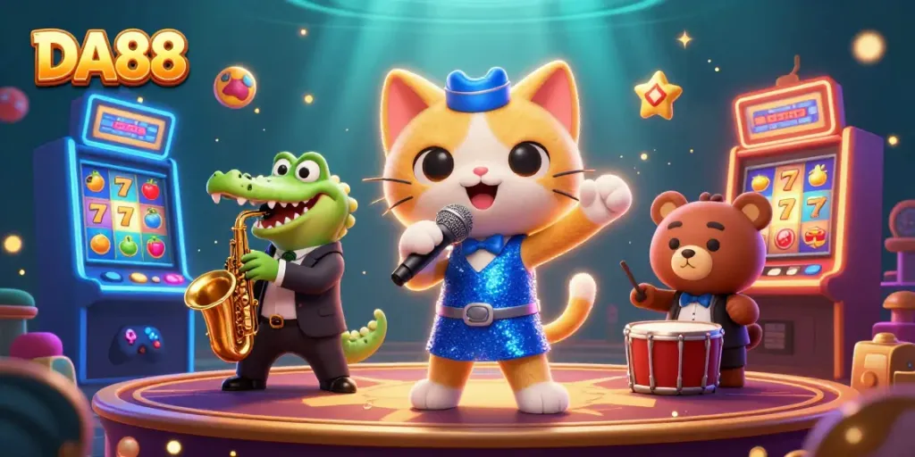 Spin to win with DA88 in a glamorous casino scene featuring a singing cat and fun gaming elements.