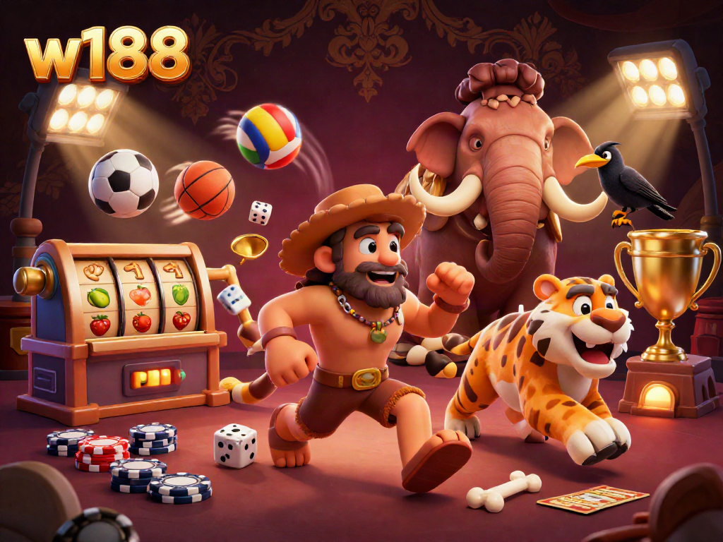 Experience vibrant action at the w188 prehistoric casino with cavemen and fantastical game elements.