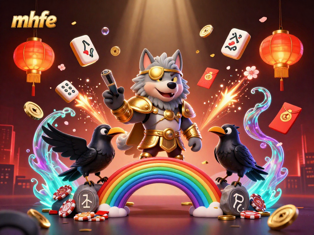 Experience the vibrant gambler's world with mhfe's captivating Odin wolf illustration, surrounded by festive gaming elements.