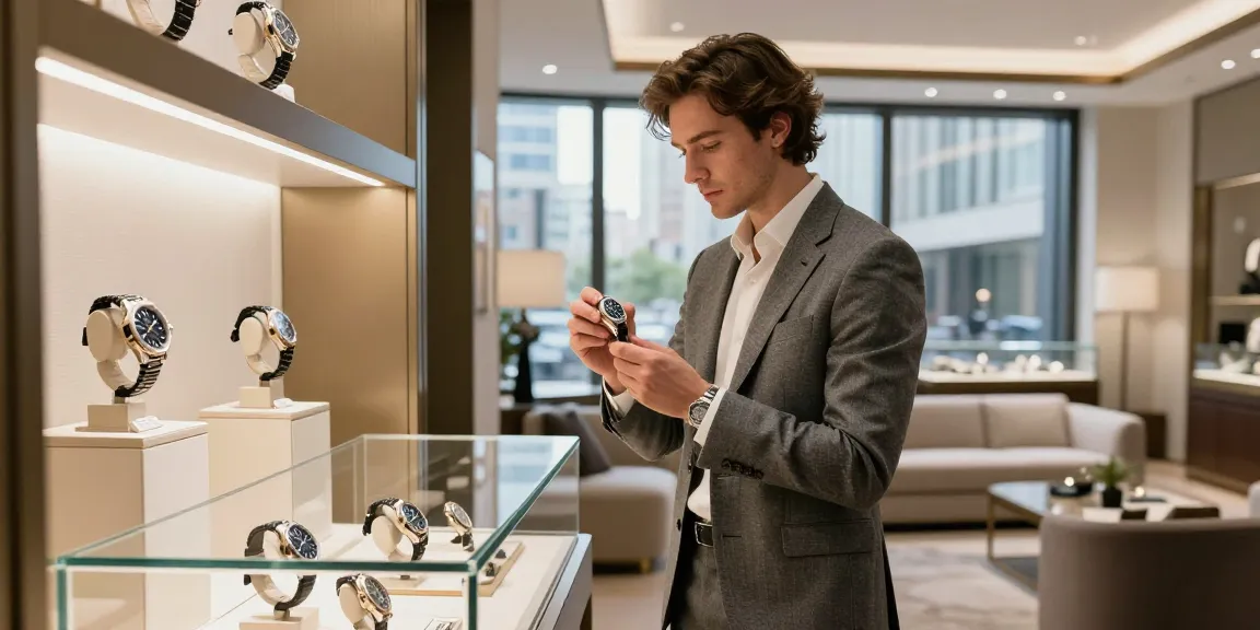 Examining premium clone watches in an elegant jewelry showroom setting