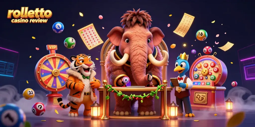 Experience the exciting rolletto casino review with a vibrant illustration of cartoon characters in a lively casino scene.