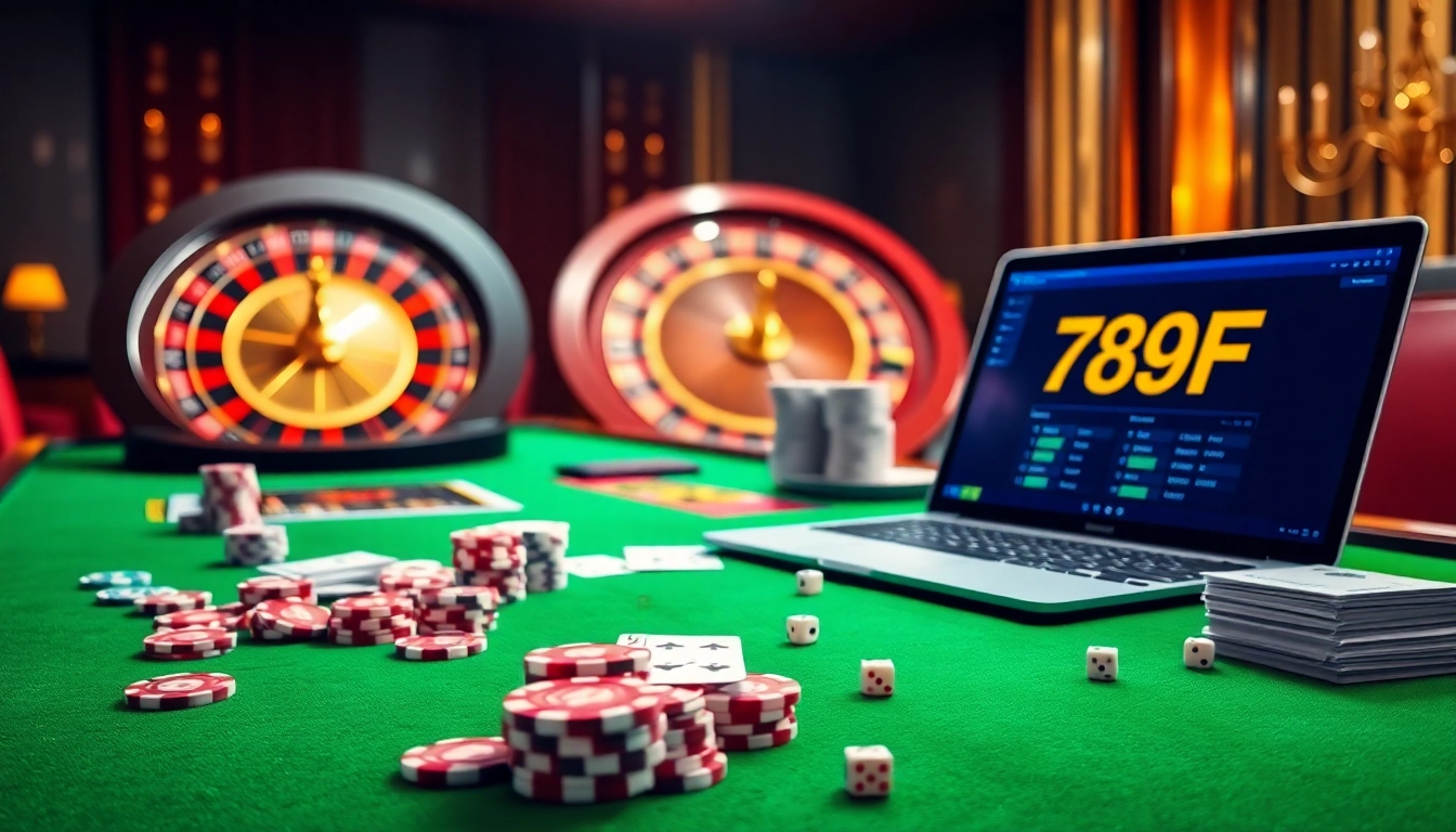 Engage in the excitement of đăng nhập 789F with casino tables, poker chips, and vibrant gambling visuals.