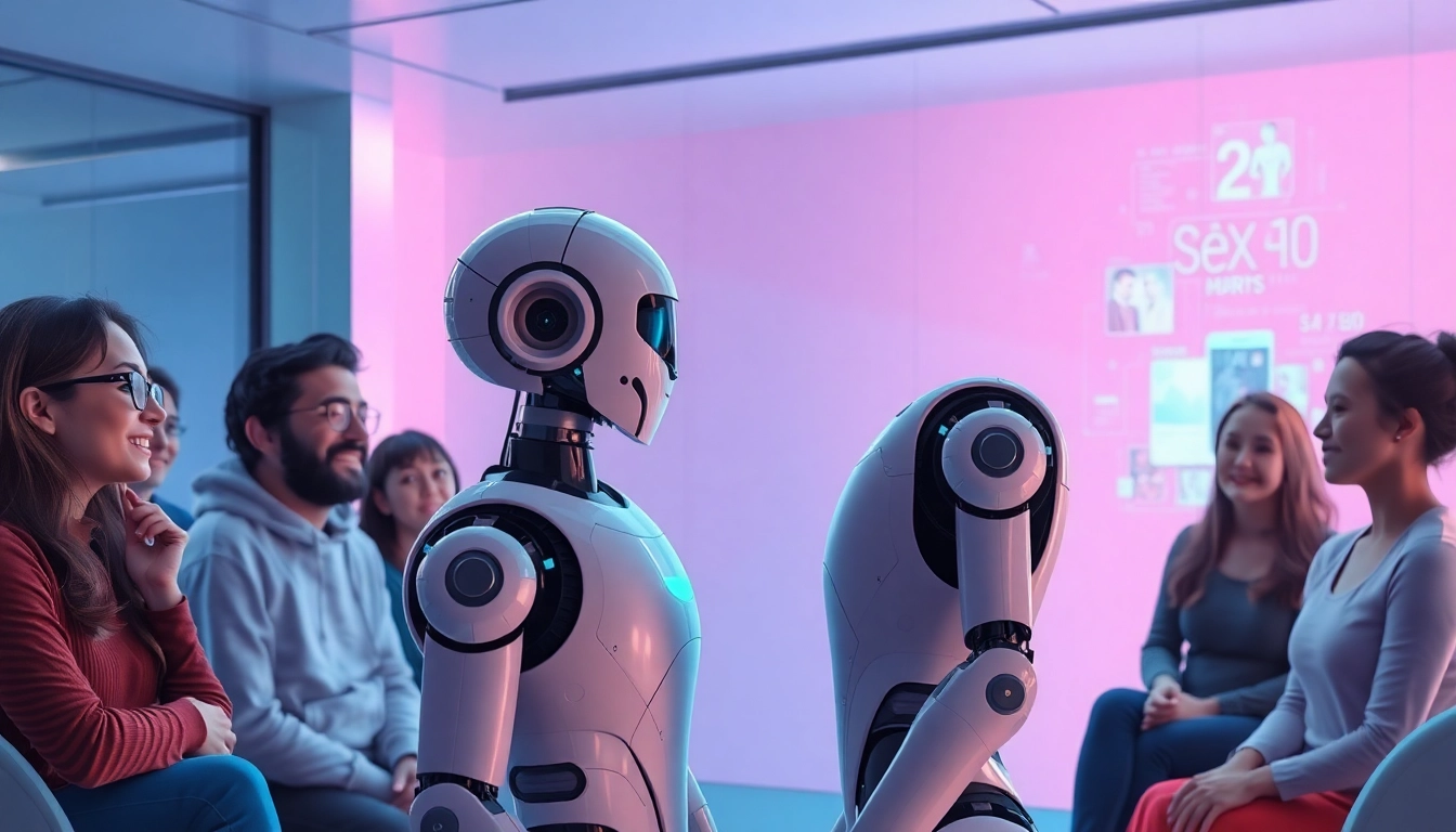 Futuristic interaction showcasing a friendly robot in a modern setting discussing sex AI concepts.
